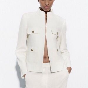 NWT Zara Oyster White Textured Cropped Blazer Size M Women's Jacket